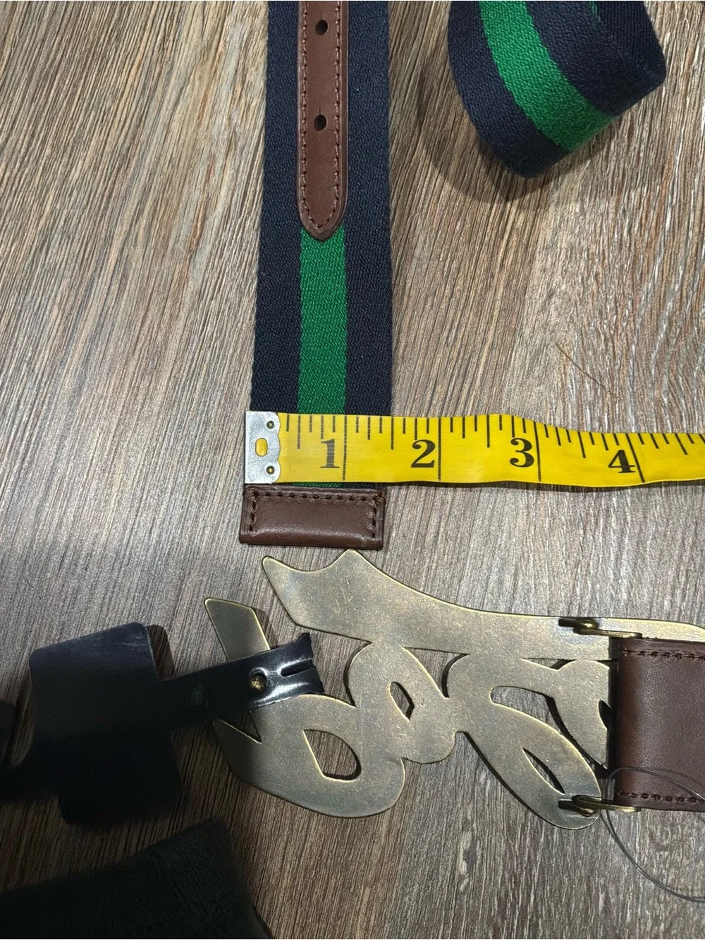 New POLO RALPH LAUREN Big Buckle Belt Spellout Logo Green/Blue Stripe Size 34